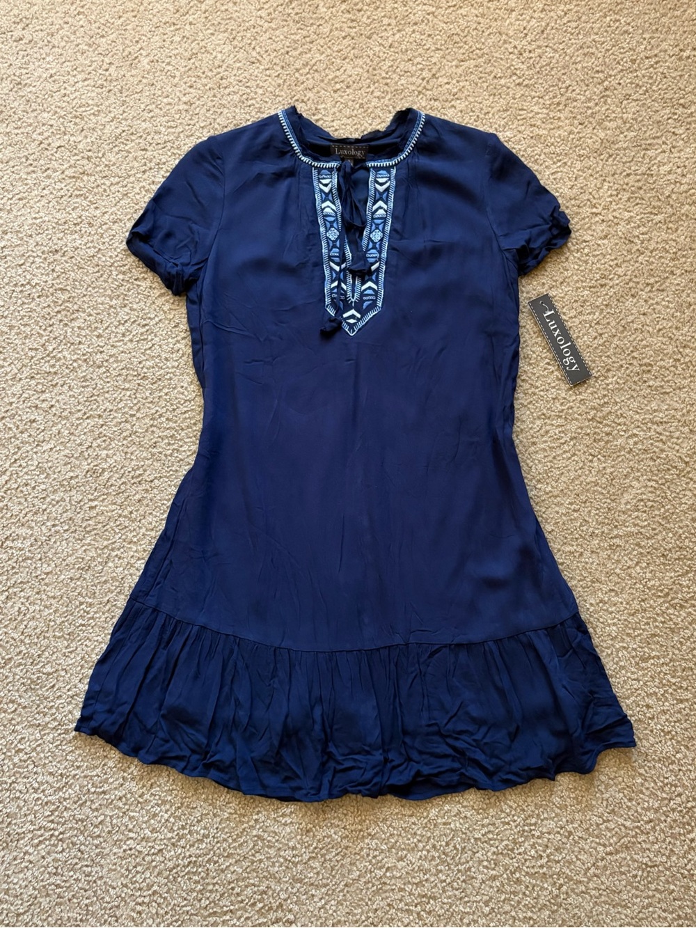 Luxology Navy Short-Sleeve Embroidered Mini Dress long 36 inches